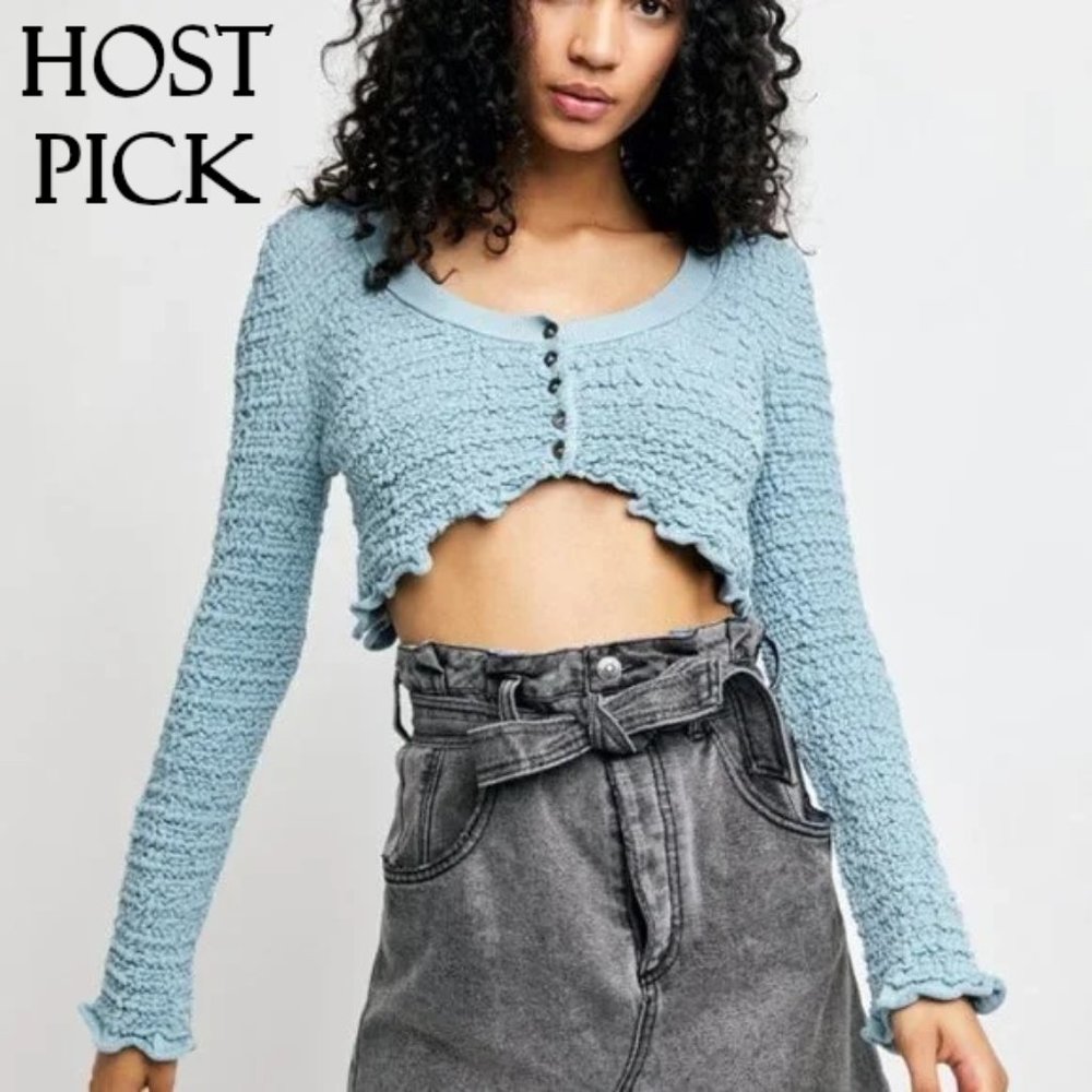 NWT Free People blue smocked knit lettuce trim cropped cardigan, M